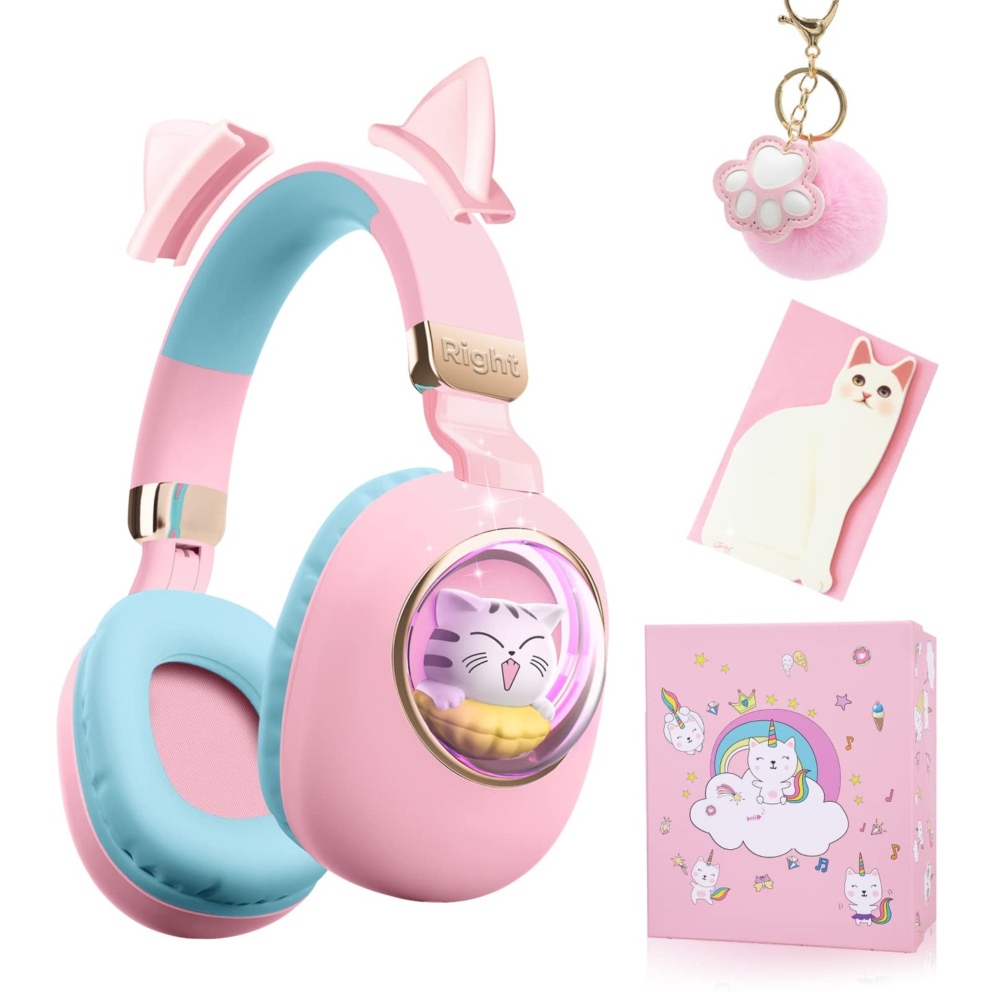 QearFun 7 Colors LED Light Up 3D Cat Headphones Bluetooth Foldable Cat Ear Wireless On Ear Earphones Gaming Headset with Mic & 3.5mm Jack Gifts for Kids/Teen Girls/Cat Lover/iPad/Tablet(Pink)