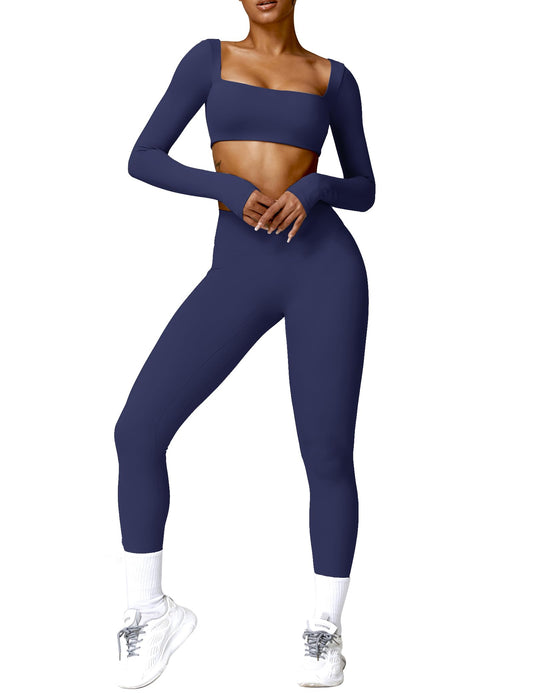 2 Piece Workout Sets for Women Long Sleeve Crop Tops and Yoga Pants Outfits High Waist Flared Leggings Gym Sets Dark Blue L