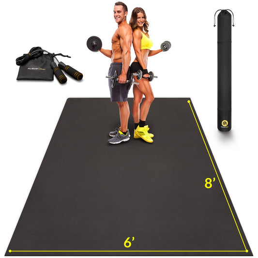 Large Exercise Mat 8 x 6 x 7mm | Ultra-Durable Non-Slip Rubber Workout Mat for Home Gym Flooring | Ideal for Cardio Fitness Plyo MMA and Yoga | Jump Rope and Storage Bag Included - Black